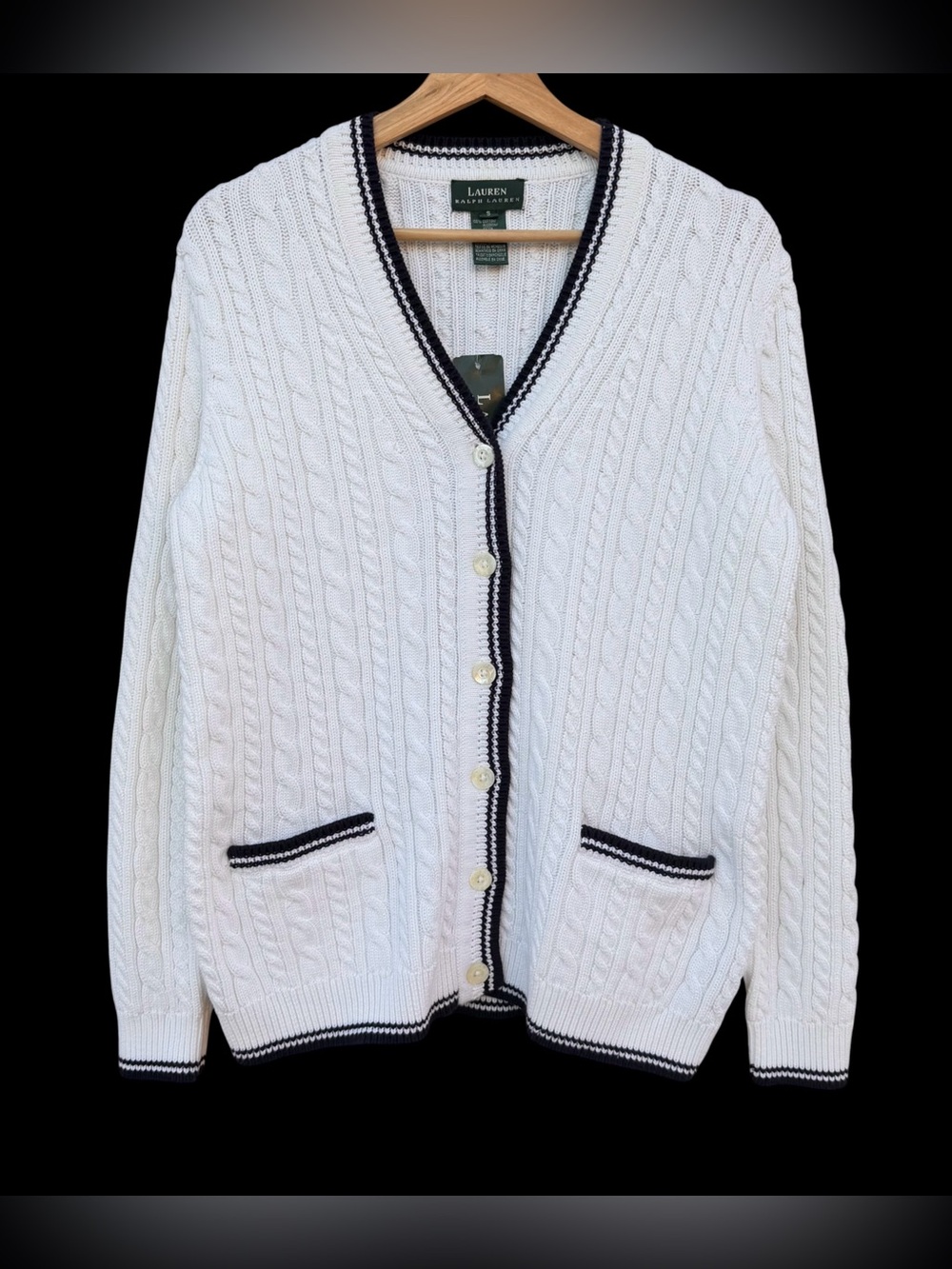 NWT Lauren Ralph Lauren Women’s Cableknit Cardigan Sweater White/Navy Size Small